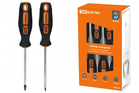TDM ELECTRIC SQ1013-0204 Набор отверток 6 шт.: SL:3х75;5х100;6х100, PH:0х75;1х100;2х100 (карт. коробка), CR-V "Алмаз" TDM